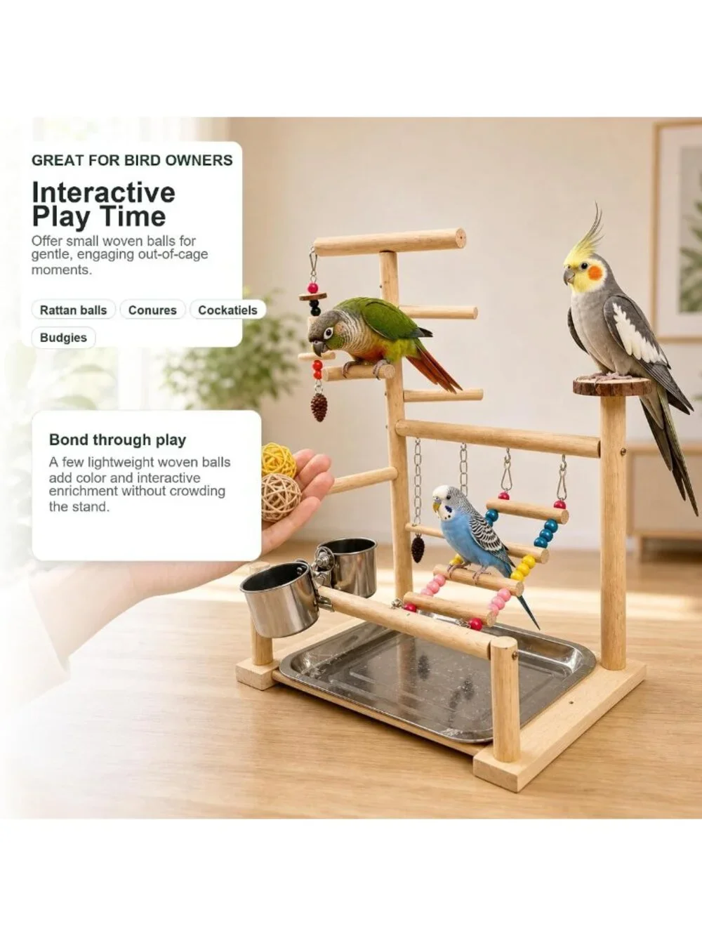 Natural Wood Bird Playground Stand with Ladder, Swing, Food & Water Bowls for